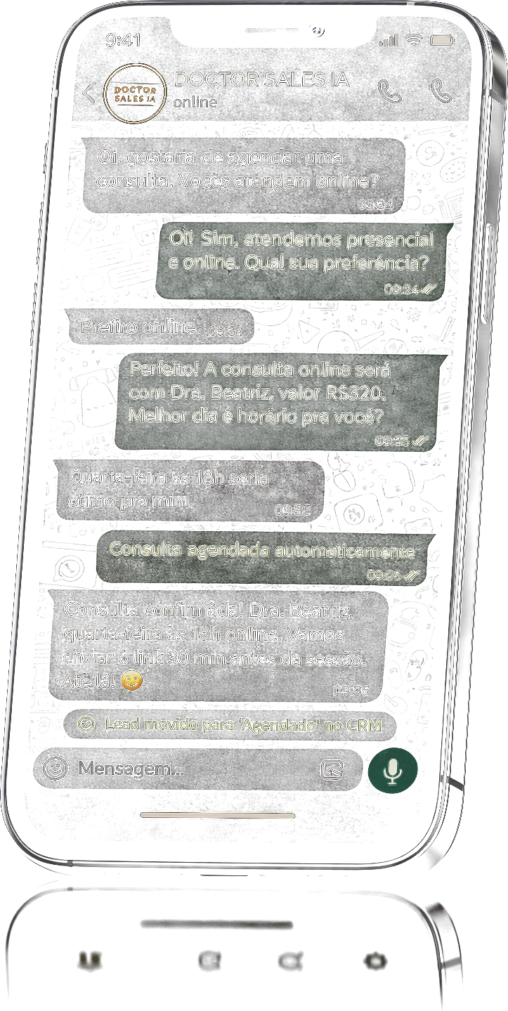 Conversa automatizada da Doctor Sales IA no WhatsApp agendando uma consulta